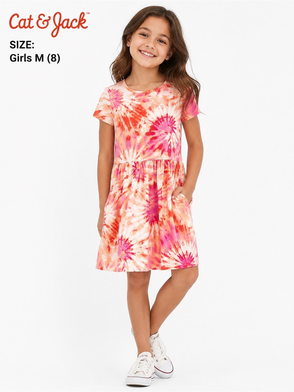Cat & Jack Girls Tie-Dye Pocket Dress Size M (8) Pink Orange Short Sleeve casual